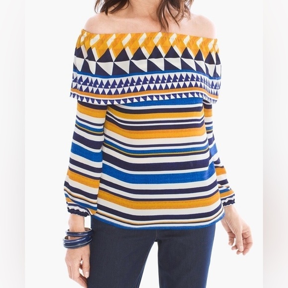 Chicos Off-The-Shoulder Top Womens Size 4 (XXL) Blue Yellow White Striped - Picture 1 of 9